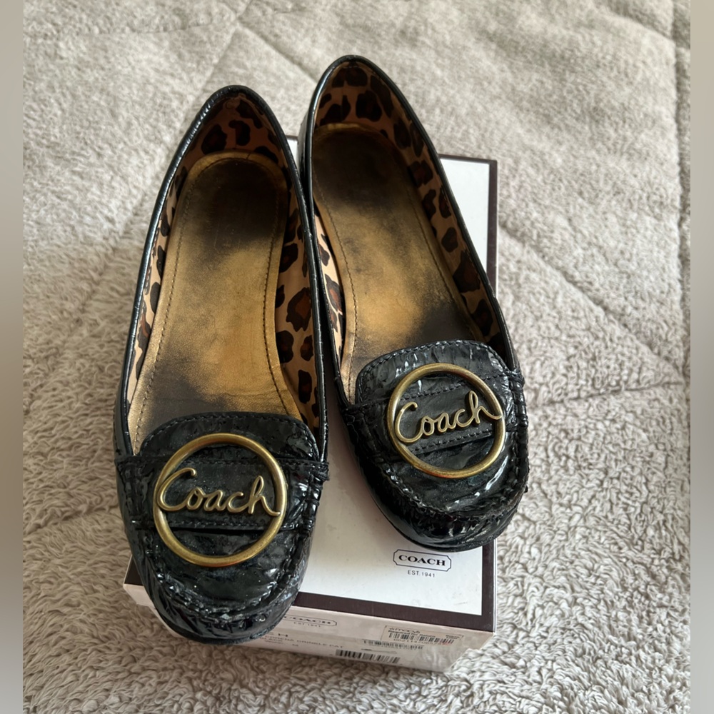 Coach Black Patent Leather Loafers with Gold Logo Medallions - Picture 2 of 11